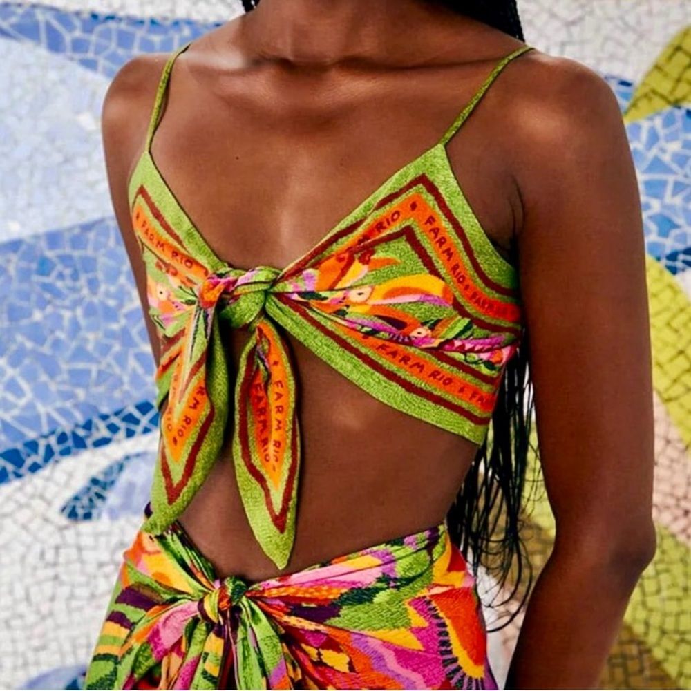 NEW RARE FARM Rio Toucans Scarf Crop Top Adjustable Tie Tropical Bird Size XL